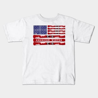 American Winter - skis and snowflakes USA flag - white background Kids T-Shirt